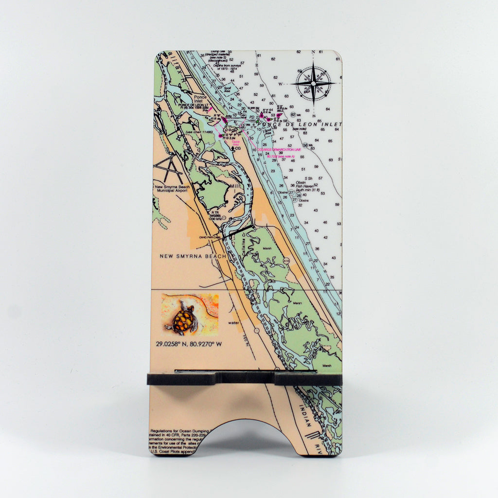 New Smyrna Beach nautical chart on a phone stand