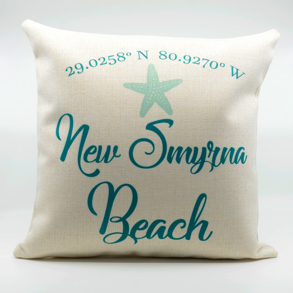 New Smyrna Beach with LAT and LONG with a starfish on a 16"x16" polyester linen pillow