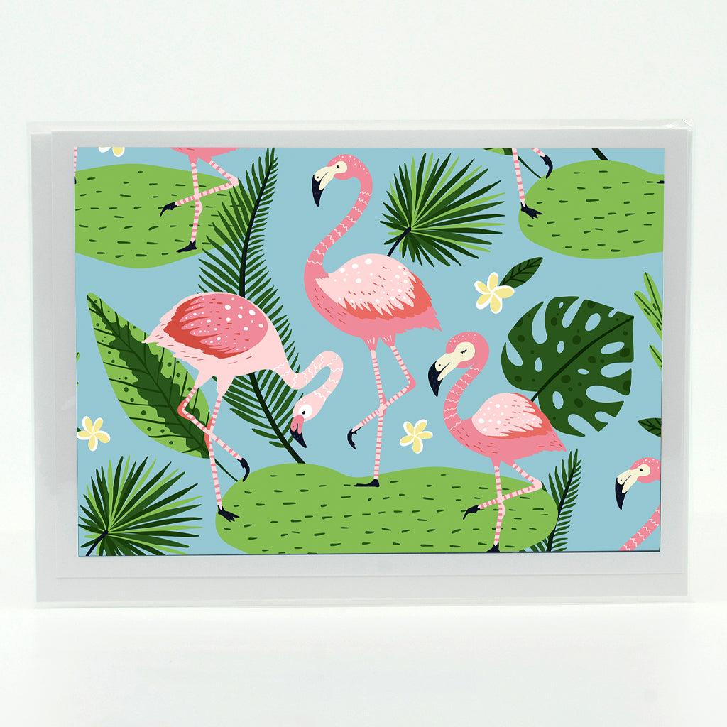 Flamingo graphics on a greeting card