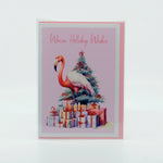 Warm Holiday Wishes Flamingo graphics on a 5"x7" greeting card