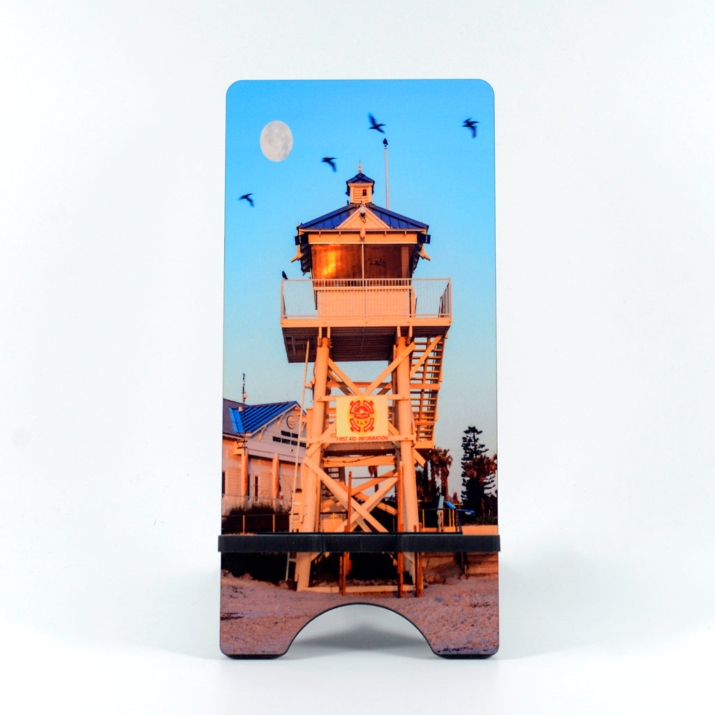 Life Guard Station with Moon Rising Photograph on a phone stand