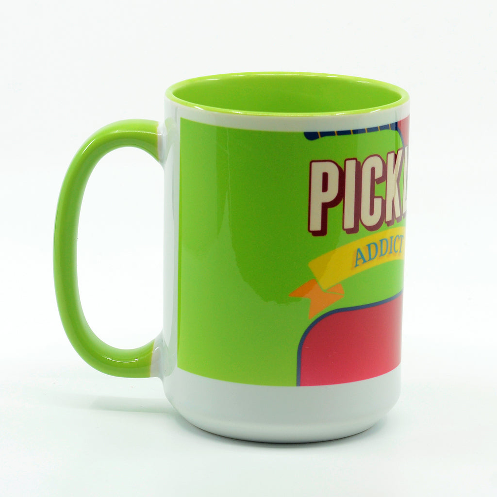 Pickleball Addict graphics on a coffee mug