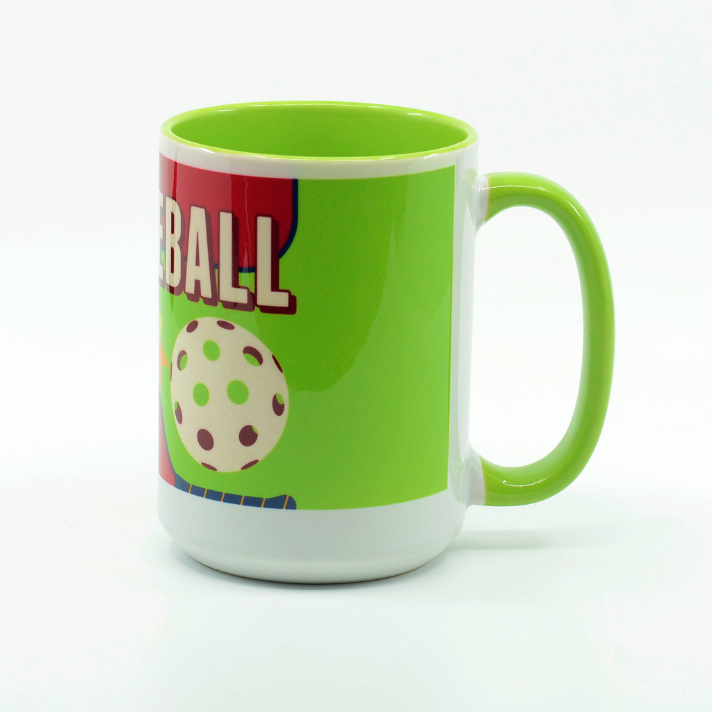 Pickleball Addict graphics on a coffee mug