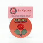 Pickleball Christmas graphics on a round rubber jar opener