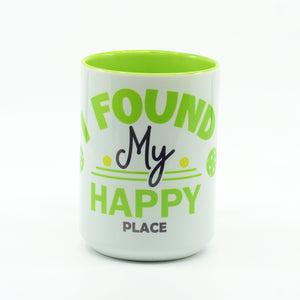 Pickleball Happy Place graphics on a coffee mug