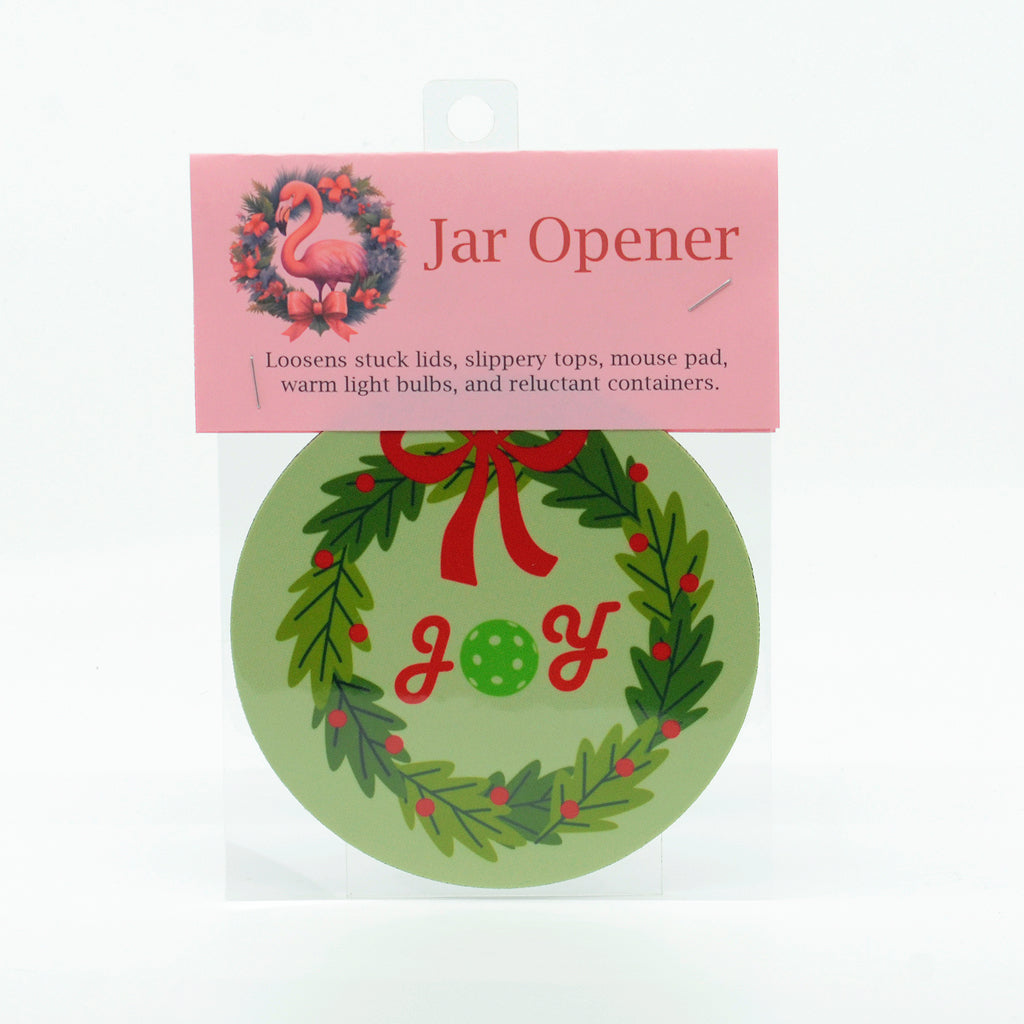 Pickleball Holiday Joy graphics on a round rubber Jar Openers