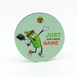 Pickleball-Just One More Game graphics on a round rubber home coaster