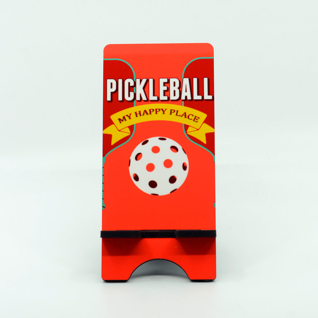 Pickleball My Happy Place graphics on a phone stand