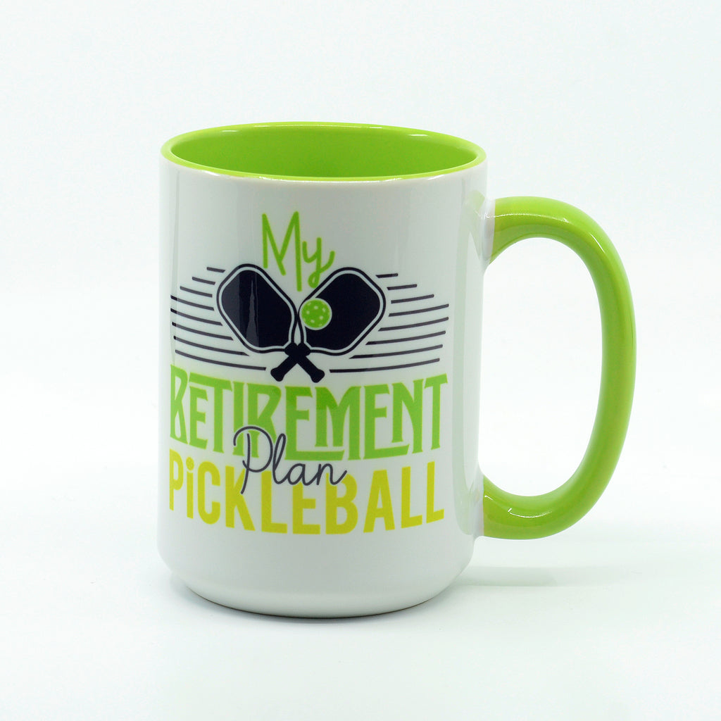 Pickleball Retirement Plan graphics on a coffee mug