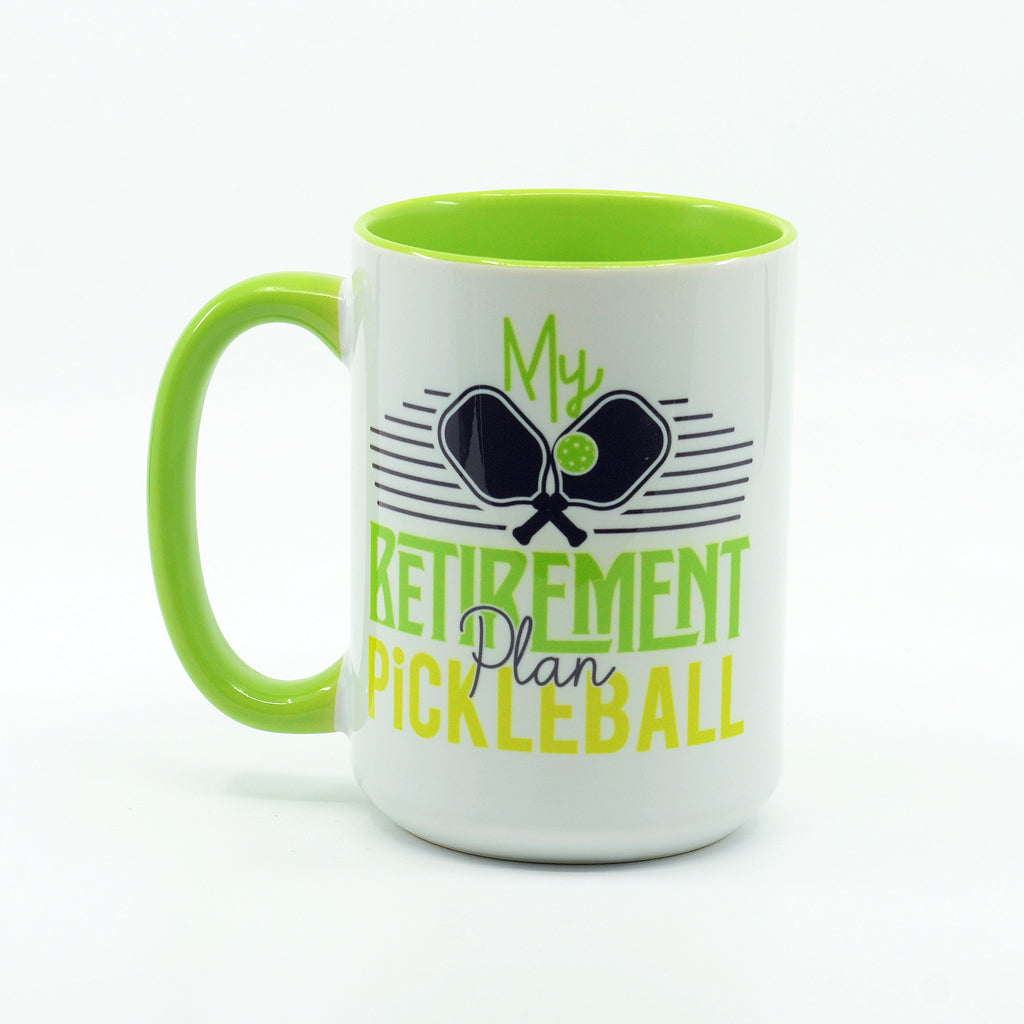Pickleball Retirement Plan graphics on a coffee mug