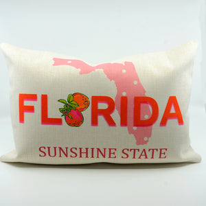 State of Florida in Pink with Oranges on a polyester linen 12"x18" pillo