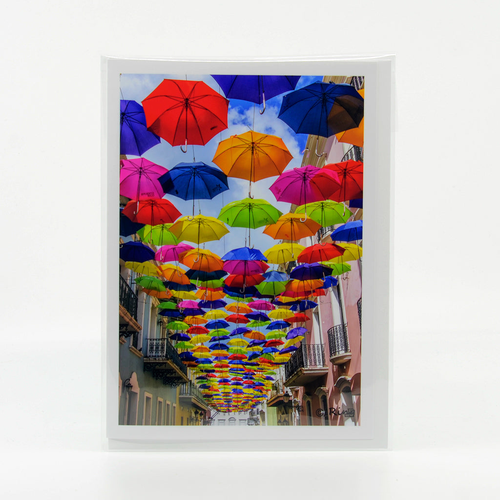 Photograph of Umbrella Street in San Juan Puerto Rico on a glossy greeting card