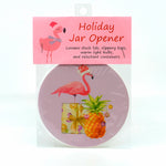 5" round rubber jar opener with Christmas Flamingo