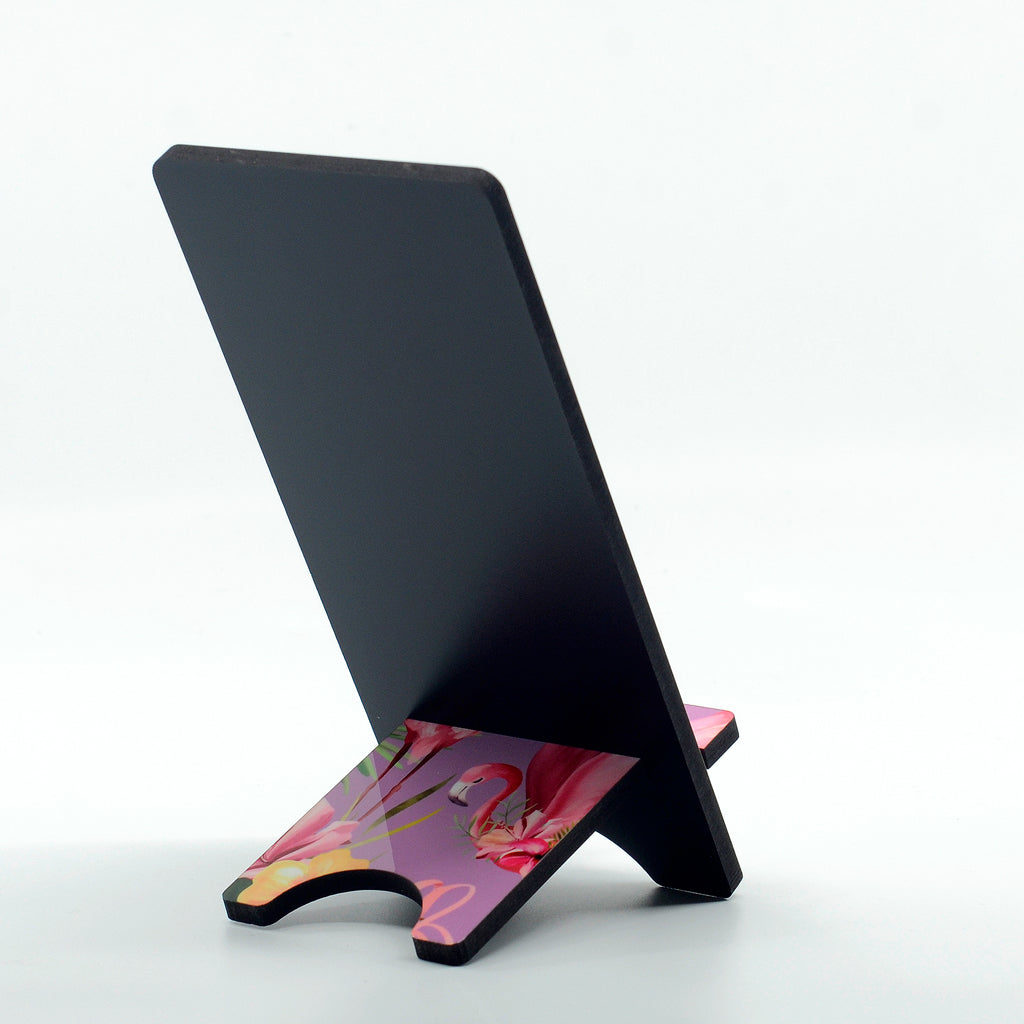 Purple Flamingo graphics on a phone stand