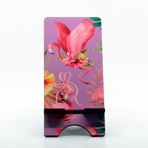 Purple Flamingo graphics on a phone stand