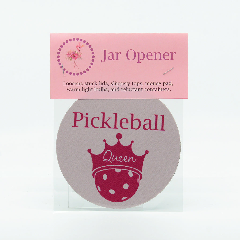 Round rubber jar opener with graphics pickleball queen