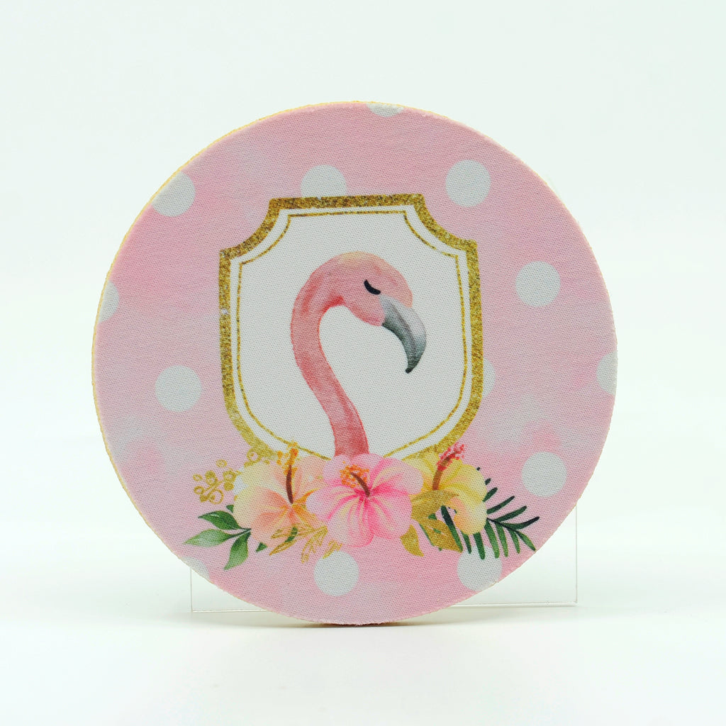A head of pink flamingo on a 4" round rubber home coaster