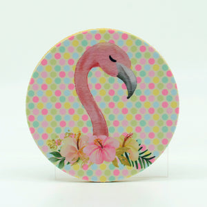 Just a pink flamingo head on a 4" round rubber home coaster