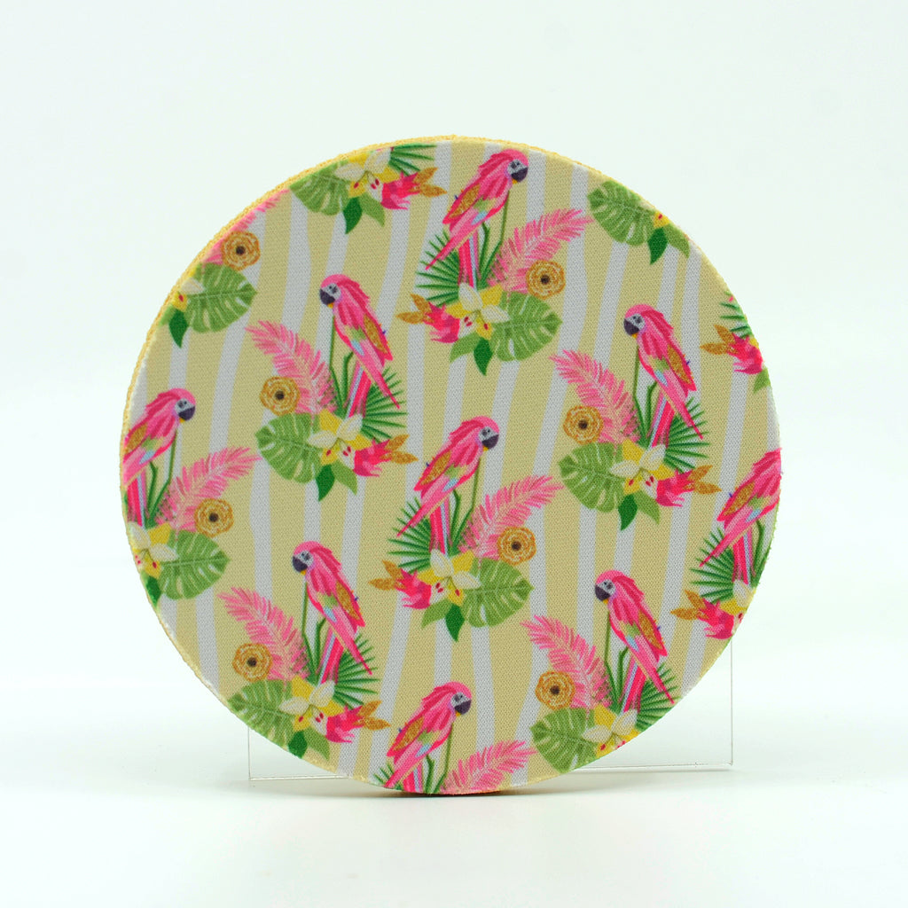 Pink Parrots on a 4" round rubber home coaster