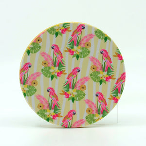 Pink Parrots on a 4" round rubber home coaster