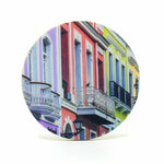 Pastel colored buildings photograph in San Juan-Puerto Rico on a 4" Rubber Home Coaster