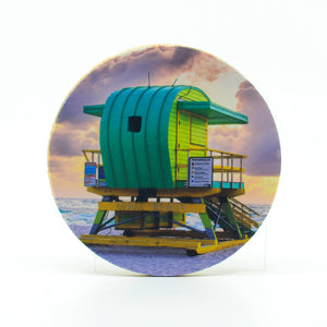Green Life Guard Stand in Miami Beach photograph on a 4" rubber home coaster