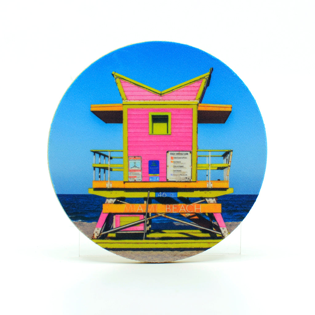 Pink Life Guard Stand in Miami Beach Florida photograph on a 4" round rubber home coaster