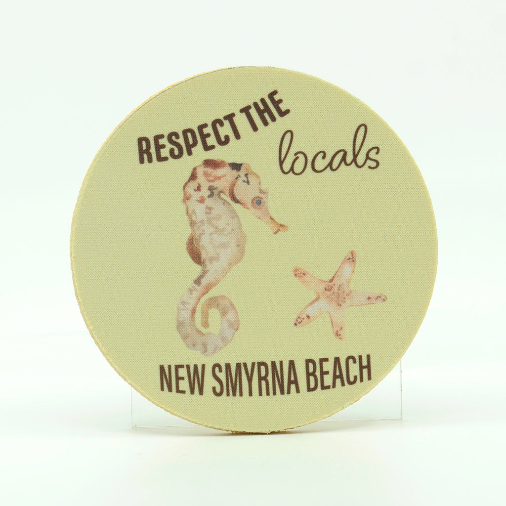 Round Rubber Home Coasters-Respect the Locals-New Smyrna Beach-Seahorse and Starfish