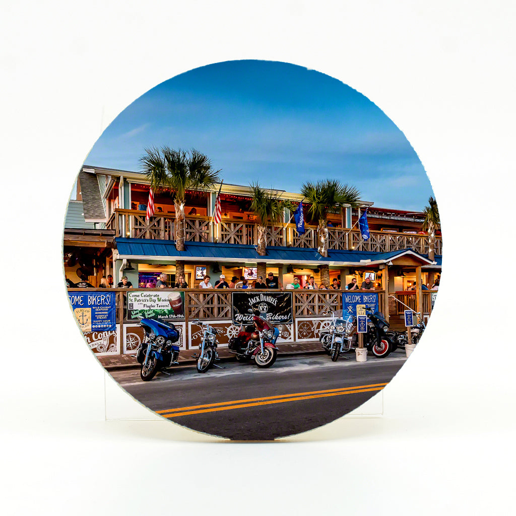 Flagler Tavern in New Smyrna Beach photograph on a 4" round rubber home coaster