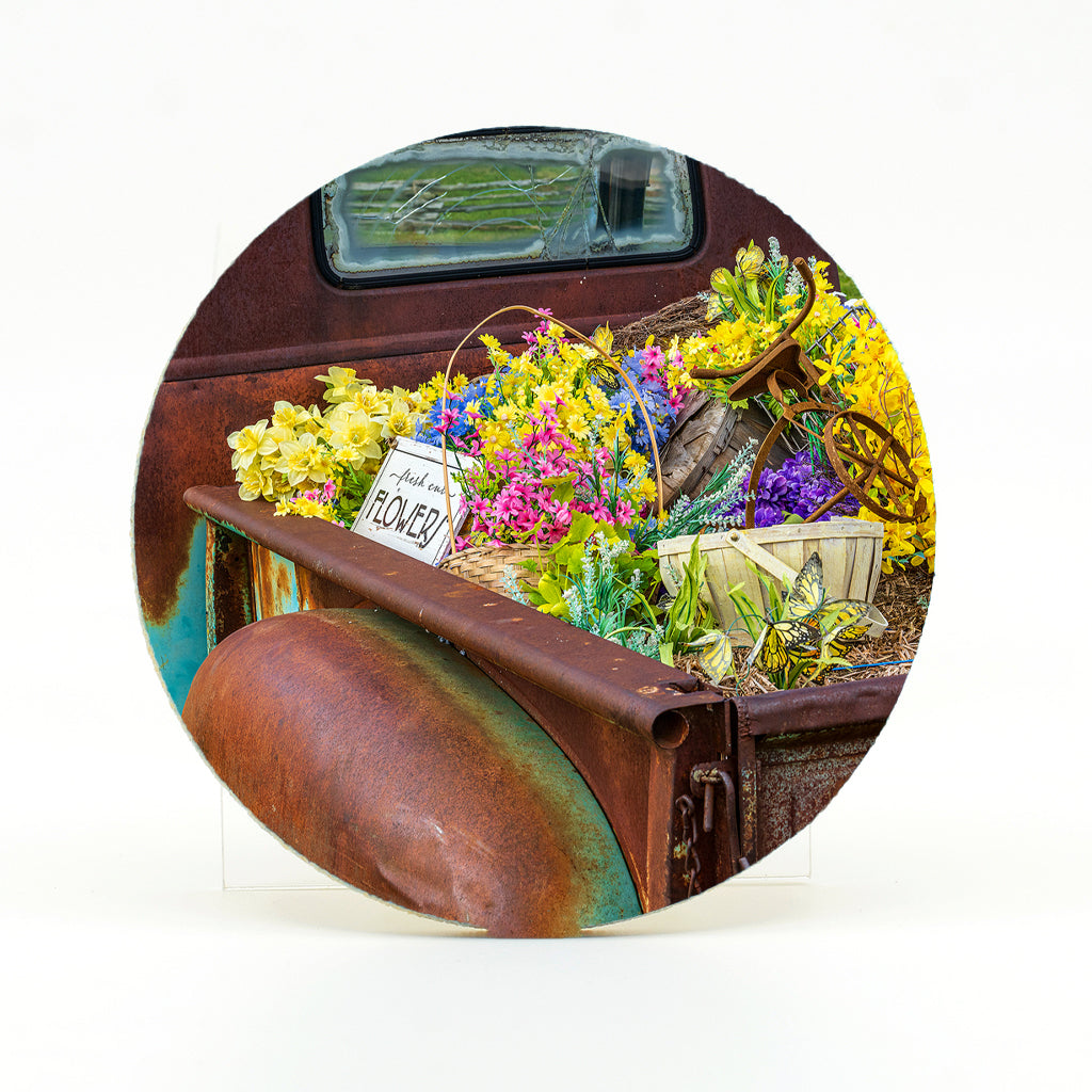 Fresh Cut Flowers photograph on a 4" round rubber home coaster