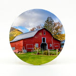 Old Red Barn photograph on a 4" round rubber home coaster