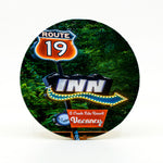 Route 19 Inn Sign Photograph in Maggie Valley North Carolina on a 4" round rubber home coaster 