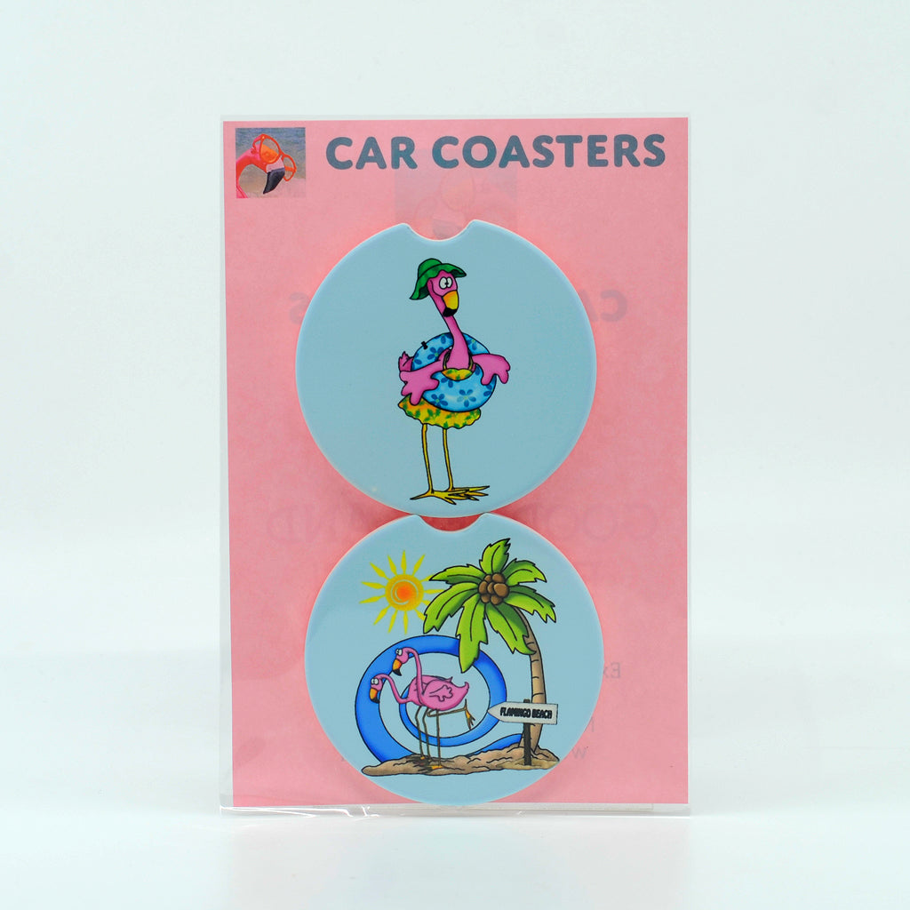 Flamingo Beach Sandstone Car Coasters