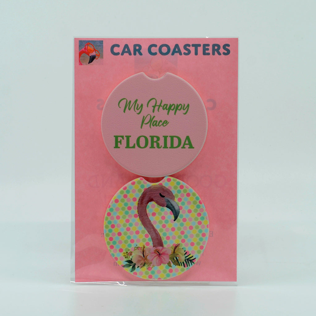 Flamingo My Happy Place Florida Sandstone Car Coaster