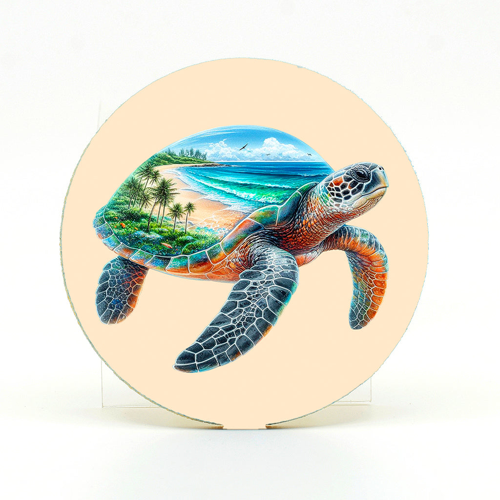 Sea Turtle graphics on a round rubber home coaster