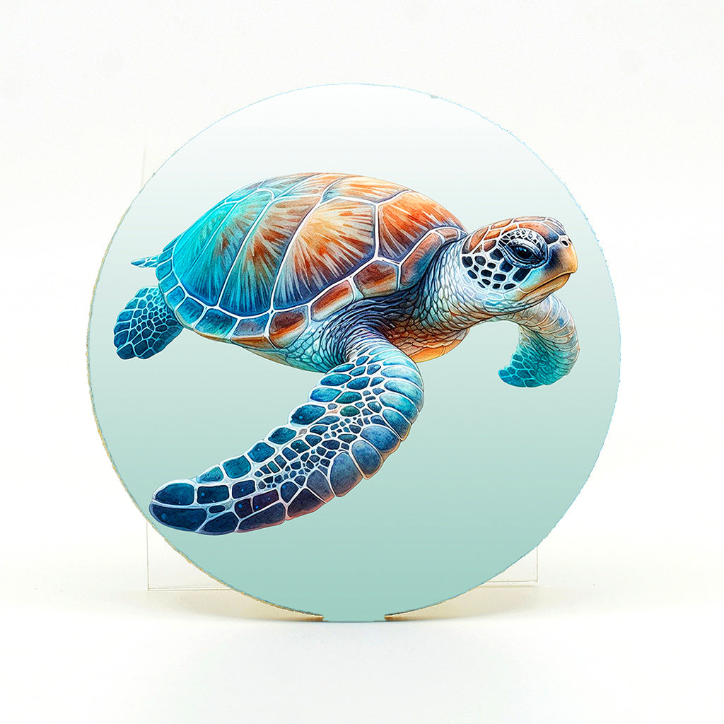 Sea Turtle graphics on a round rubber home coaster