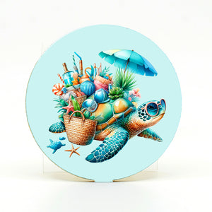 Sea Turtle graphics on a round rubber home coaster