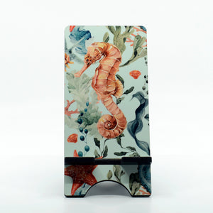 Seahorse graphic on a phone stand