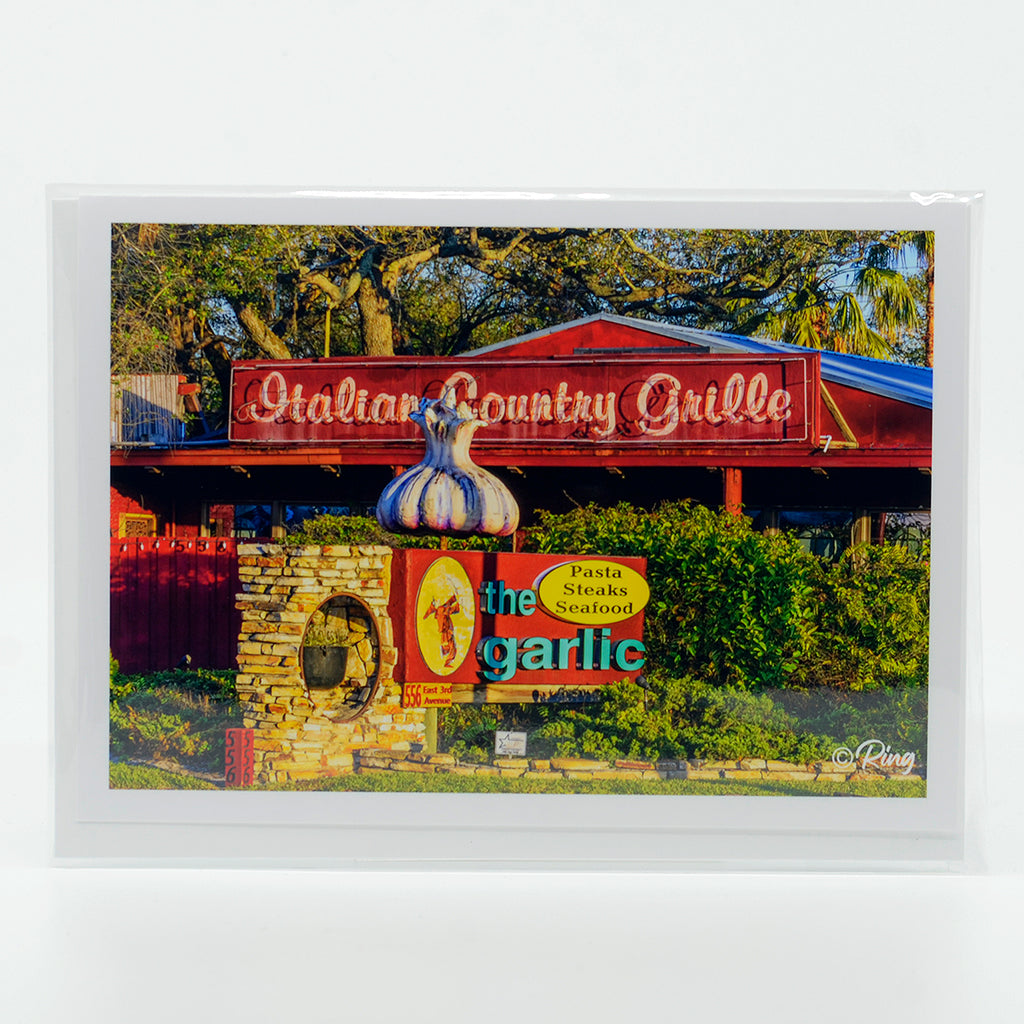 The Garlic Restaurant in New Smyrna Beach Florida on a photographic glossy greeting card