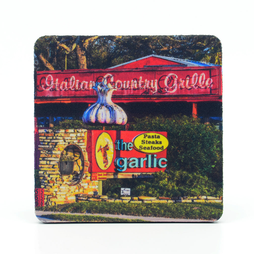 The Garlic Restaurant in New Smyrna Beach Florida on a Square Rubber Home Coaster