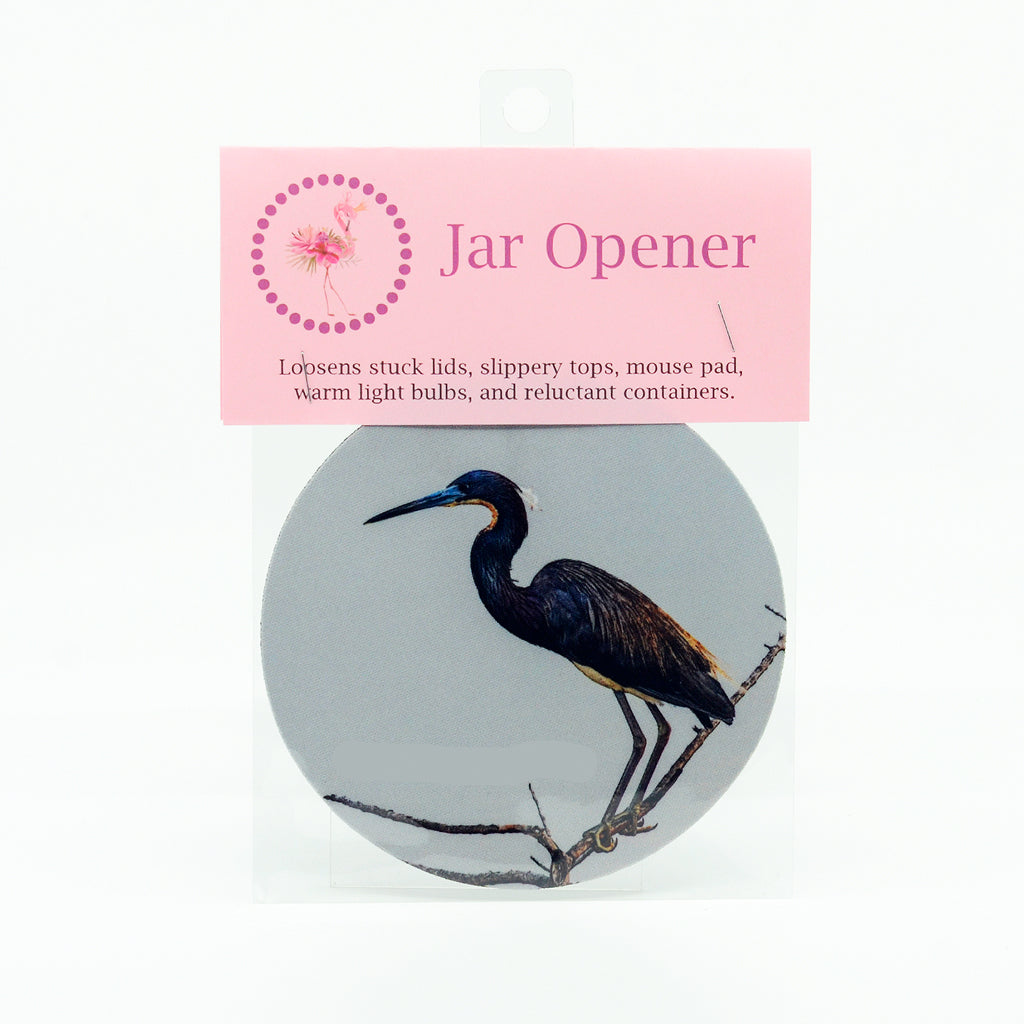 Tri-Color Heron  photograph on a round rubber jar opener