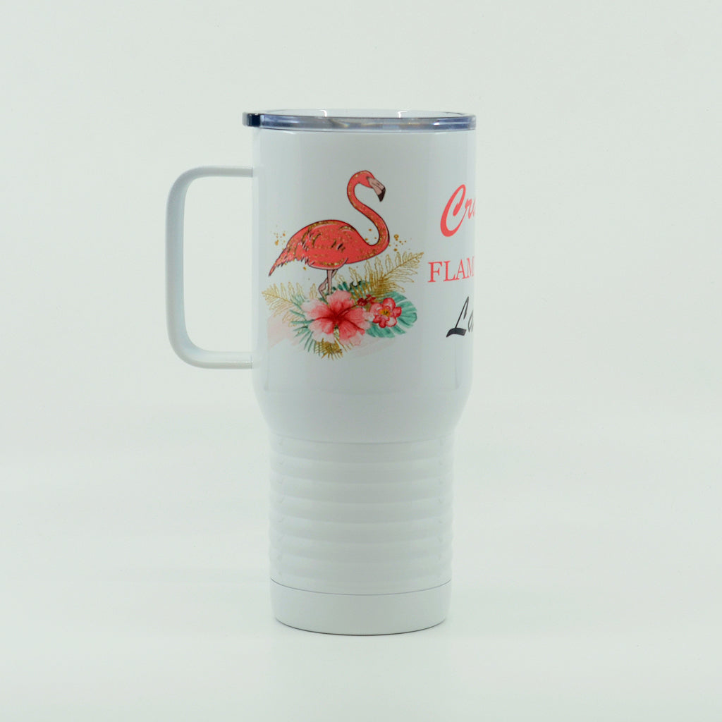 Crazy Flamingo Lady white polar camel tumbler with handle