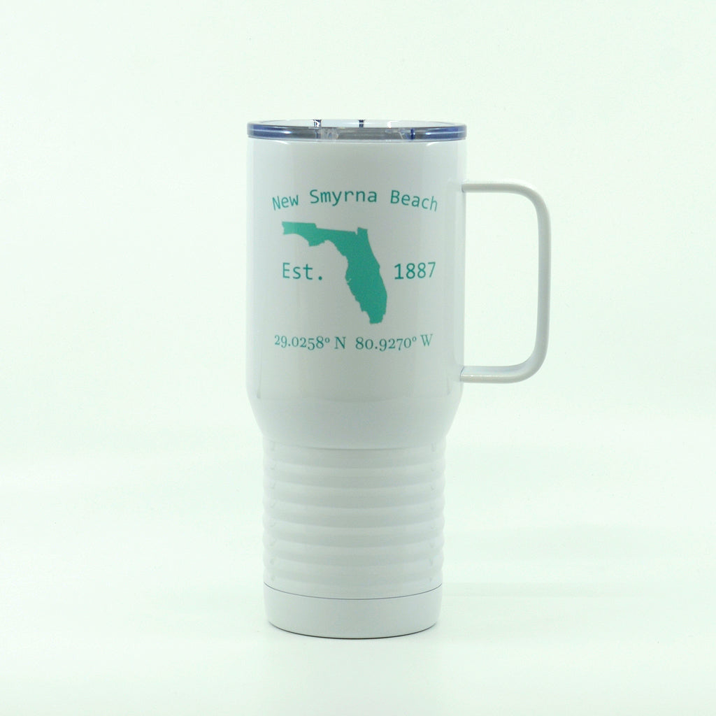 New Smyrna Beach LAT LONG Florida State white polar camel tumbler with handle