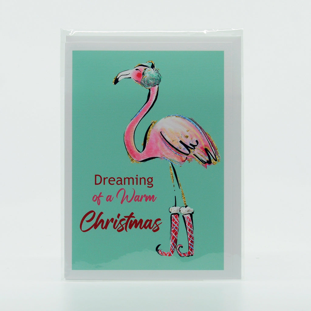 Dreaming of a Warm Christmas Flamingo graphics on a greeting card