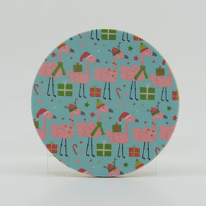 Pink Flamingos with Santa Hat on Turquoise Background 4" Rubber Coaster