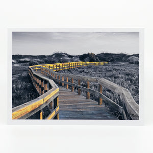 A boardwalk to the beach at sunrise on a 5"x7" glossy greeting card