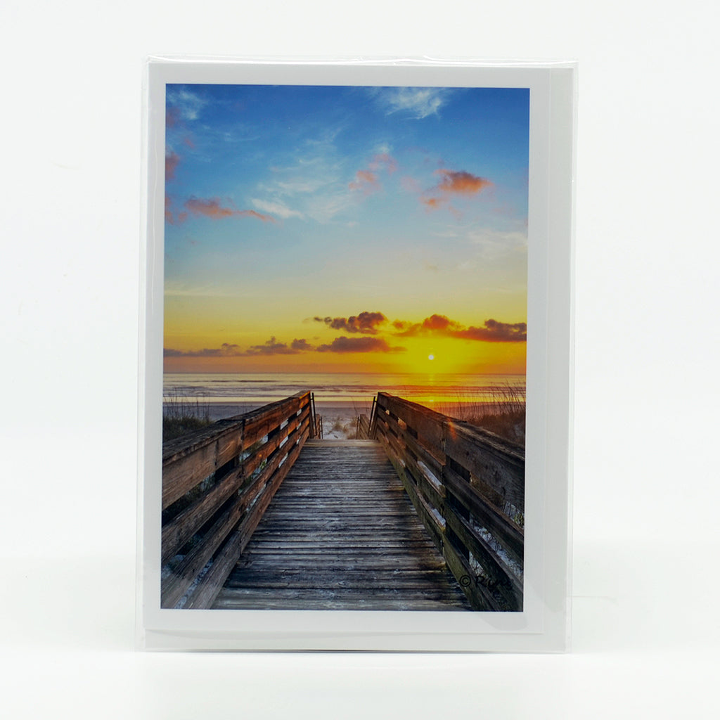 Boardwalk at sunrise glossy photographic notecard