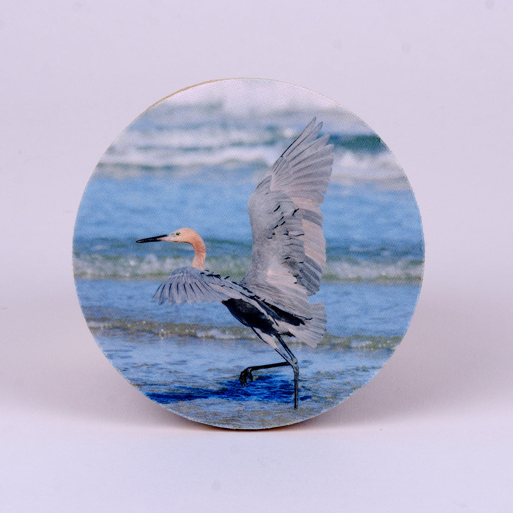 Reddish Egret photograph on a 4" round rubber home coasters