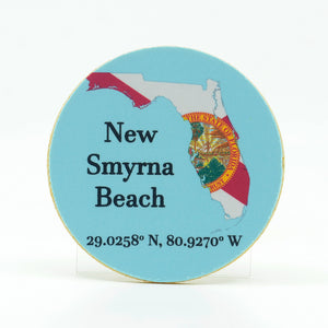 New Smyrna Beach with LAT and LONG-Florida State Flag 4" Round Rubber Home Coaster