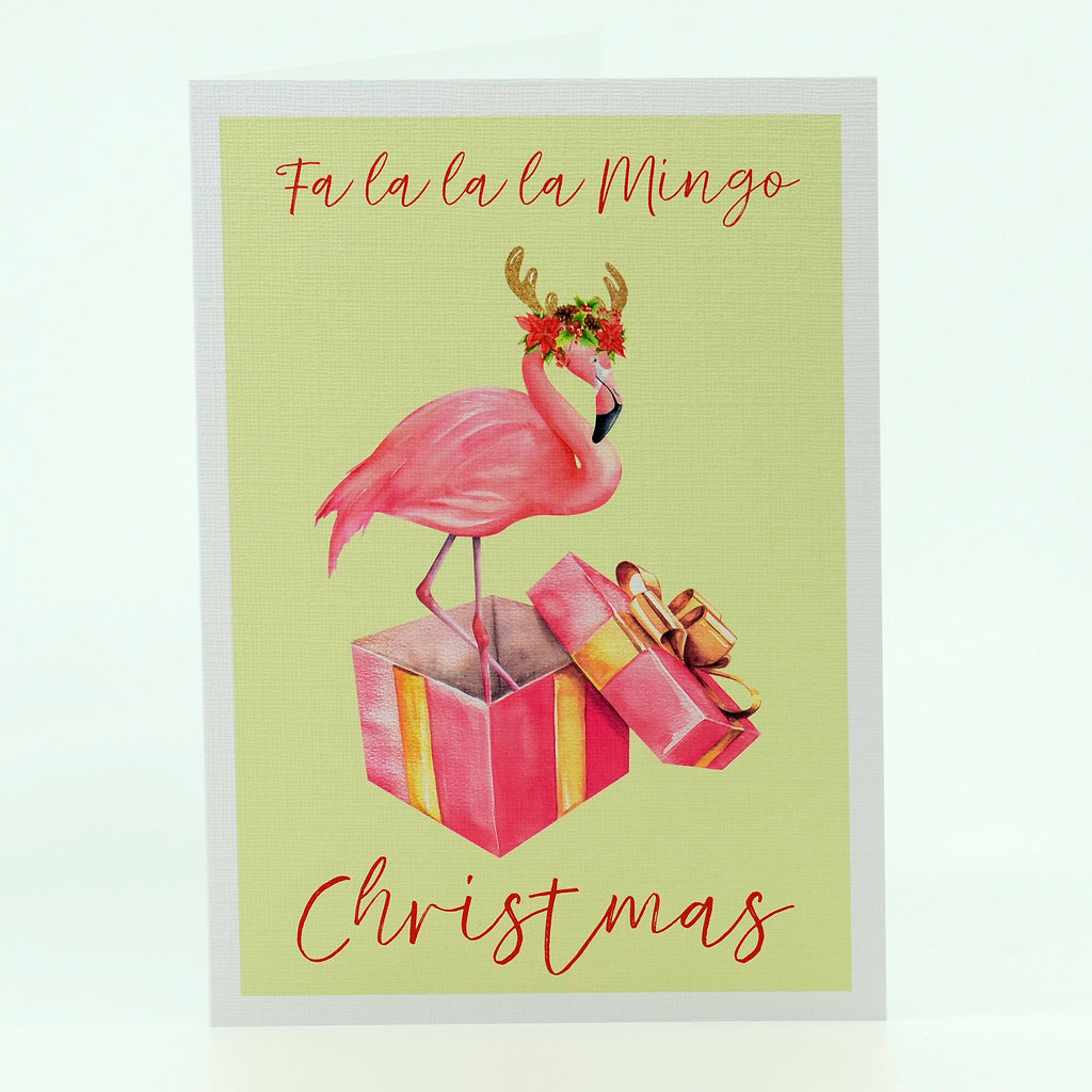 5"x7" notecard with Reindeer Flamingo in Present